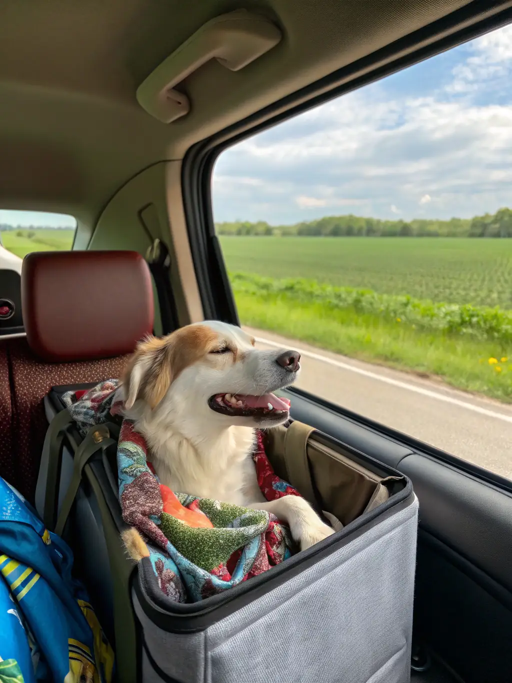 A well-behaved Labrador wearing a seatbelt in a specialized pet carrier inside a car, ready for a long-distance journey, emphasizing Winpet Care's commitment to safety.